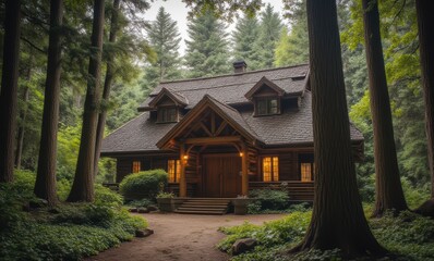 Charming log cabin nestled in a serene forest, surrounded by tall trees and lush greenery.