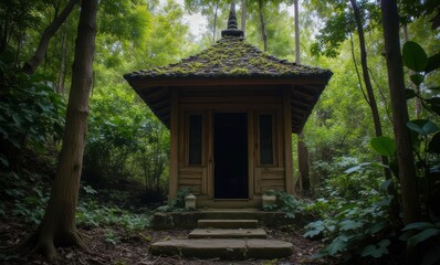 Serene wooden temple nestled in a lush green forest, evoking mystery and tranquility.