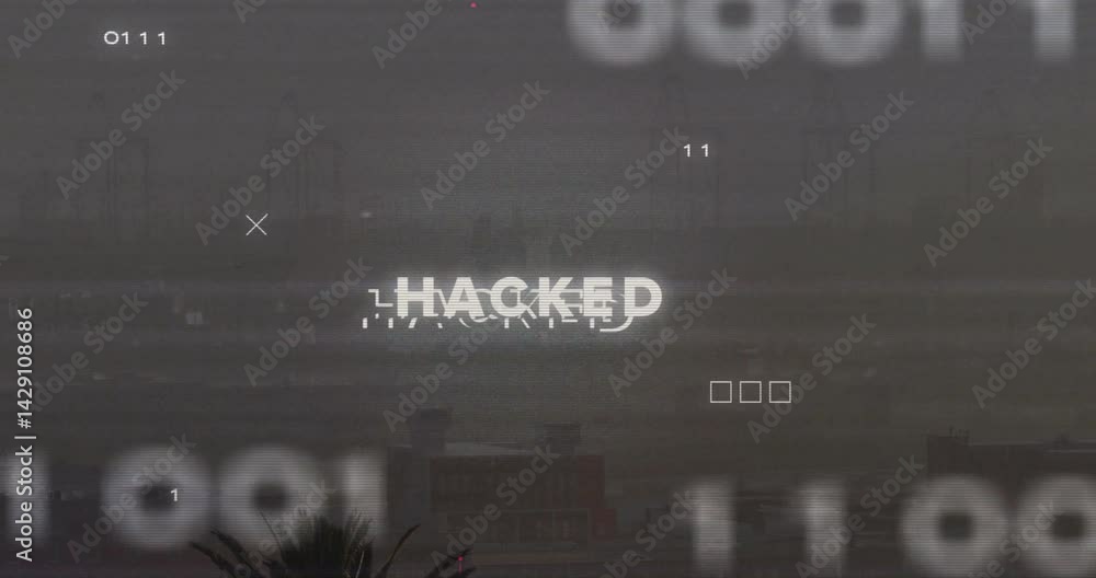 Poster glitching text hacked flooding digital overlay, featuring binary codes crosses skyline flat design