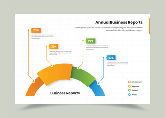 Clean Business Presentation Layout with Annual Graphs and Statistics