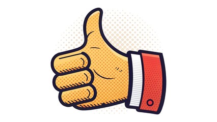 This illustration features a stylized hand giving a classic thumbs-up gesture, signifying approval, positivity, or agreement. Rendered in a retro or pop art style, the image use