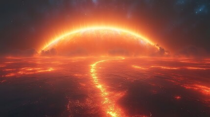 Fototapeta premium Scarlet filaments stretch towards a horizon of fractured rainbows