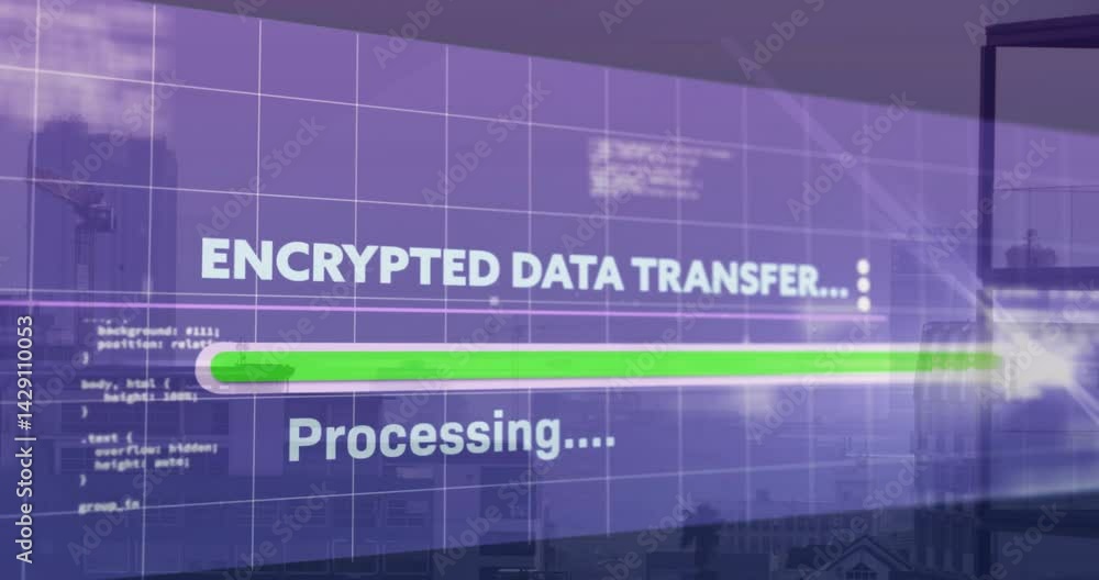 Poster Displaying bold encrypted data transfer text with bright green loading bar over grid and CSS code