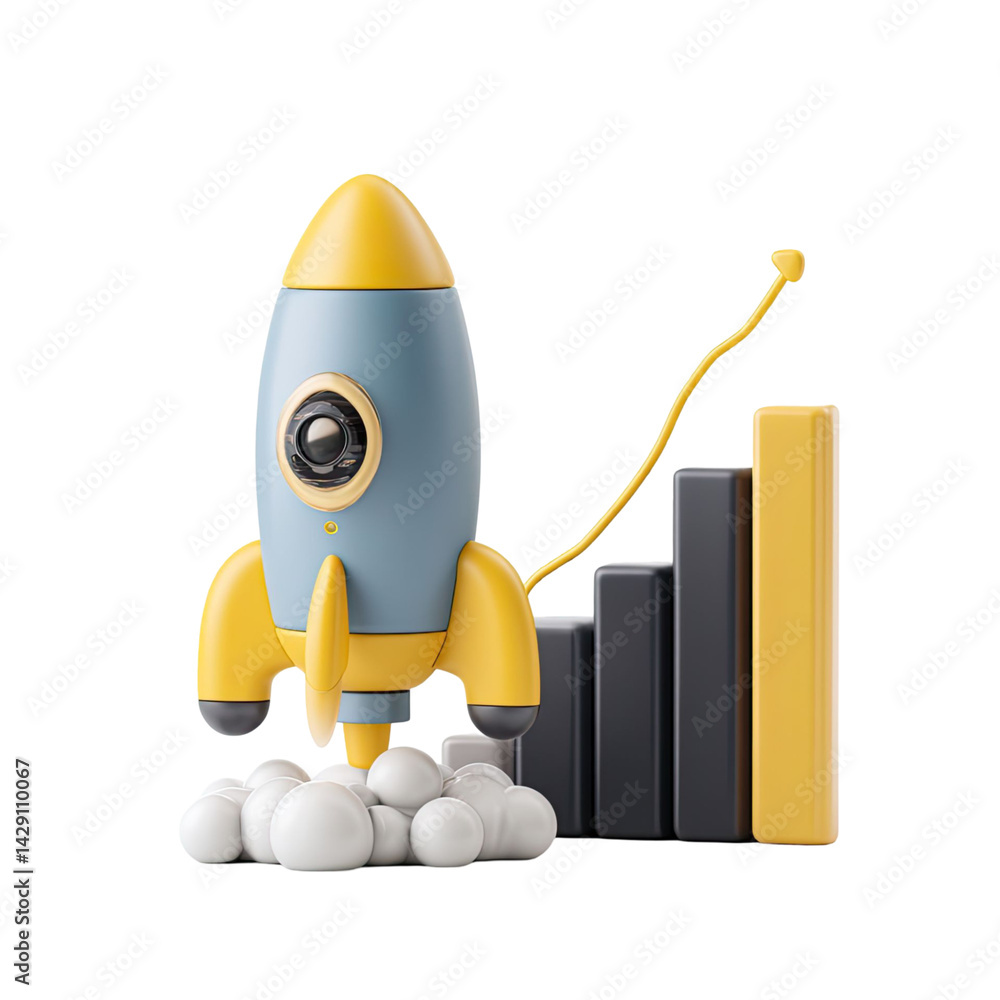 Poster 3d rendered rocket with a rising graph chart showing growth and success against a transparent backgr