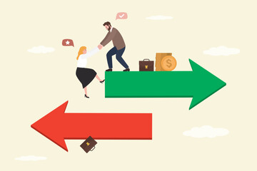 Businessman supporting businesswoman to climbing up to right way arrow from falling down business, teamwork helping from crisis to successful business.
