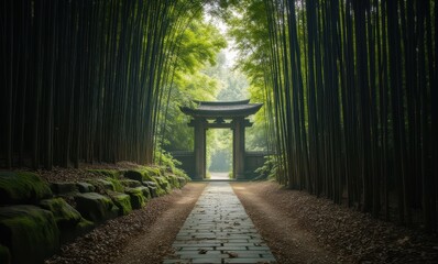 A serene pathway through bamboo leading to a traditional archway.