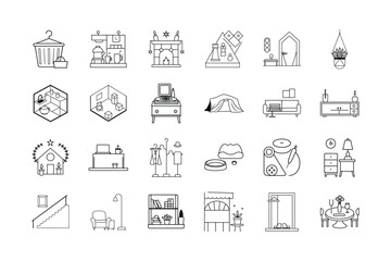 Family Home Line Vector Illustrations Set