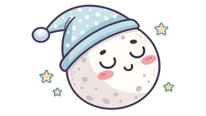 This is a charming cartoon illustration featuring a cute, personified moon fast asleep. The moon has closed eyes, rosy pink cheeks, and a content smile, radiating peacefulness. I