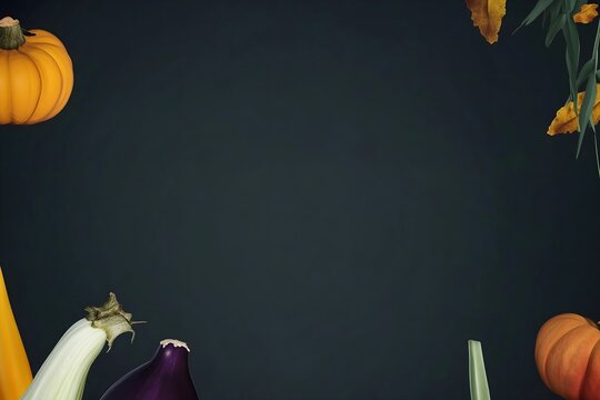 Illustrated frame of colorful autumn vegetables including pumpkin, squash, and corn against a dark background. Perfect for harvest festival and healthy eating concepts