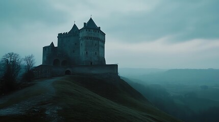 Obraz premium Misty morning at an ancient stone castle.