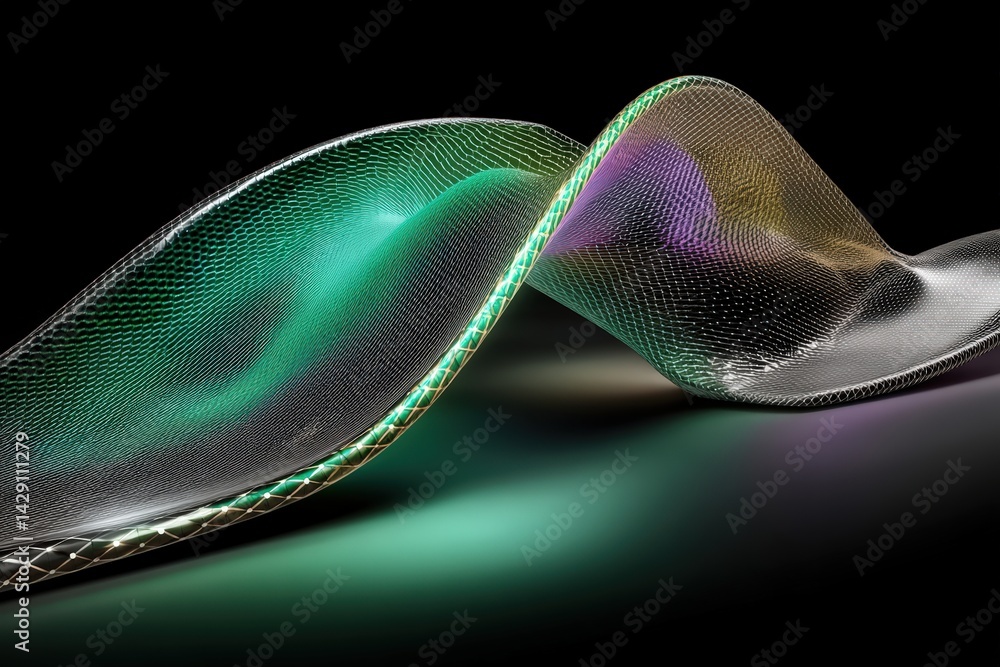 Poster abstract wave-like geometric design with glowing elements.