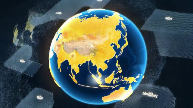 Extreme close-ups of rivets and rust pits on a China-flag container, then a smooth morph into a spinning globe highlighting China&rsquo;s trade routes