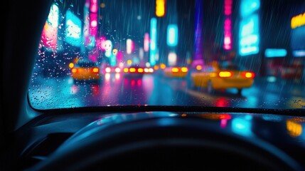 Nighttime cityscape viewed from a car, with rain on the windshield and vibrant neon lights