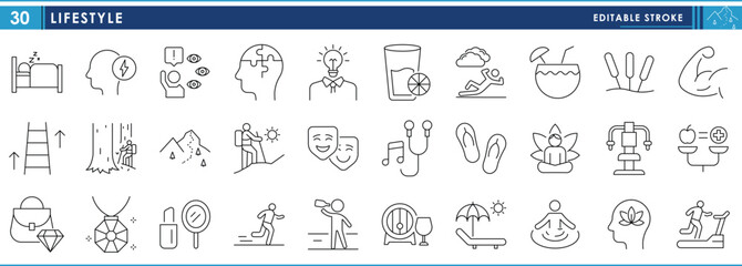 A set of line icons related to Lifestyle. Sleep, hike, forest, culture, luxury, healthy, food balance, holiday, and so on. Vector editable stroke.