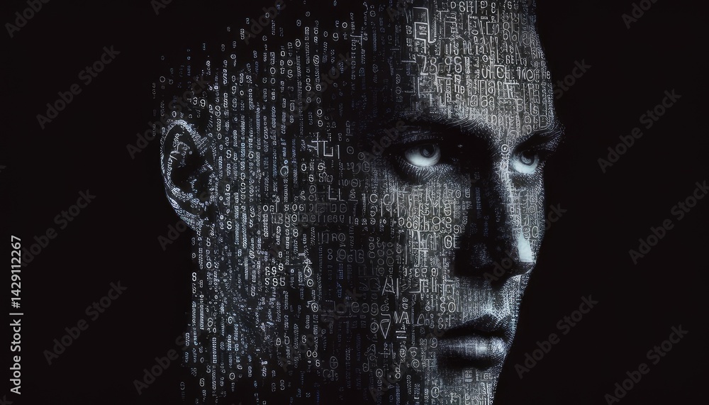 Poster the picture of the human face that has been paint with binary code on the face in the dark room, bin