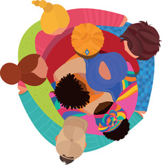 Isolated group of people in circle hugging each other from diverse cultures. Top view