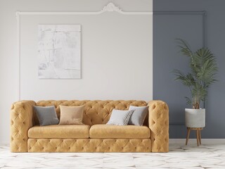 Mock up of a spacious living room with a trendy comfortable sofa and creative decorative background, 3D rendering.