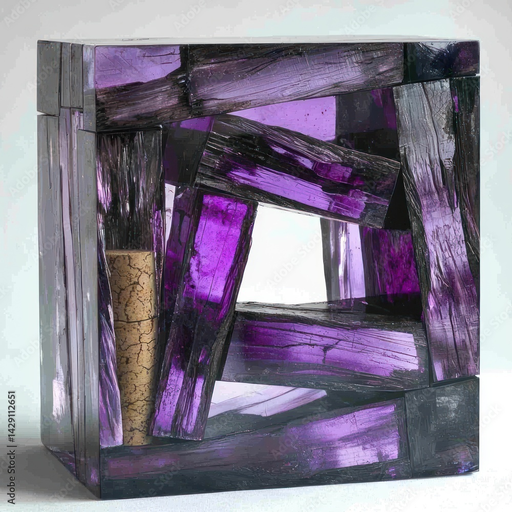 Poster amethyst assemblage: abstract cubist sculpture with embedded cork element