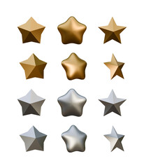 Golden and silver stars set isolated on white background. Star in different angles 3d illustration set. Star-shaped design element for rating or winner concept. 