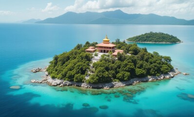 Serene island oasis with lush greenery and a stunning temple against turquoise waters.