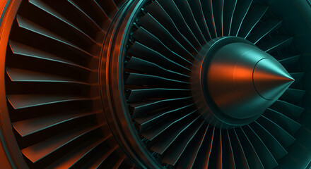 Close Up of Jet Engine Turbine Blades with Turquoise and Orange Reflective Lighting