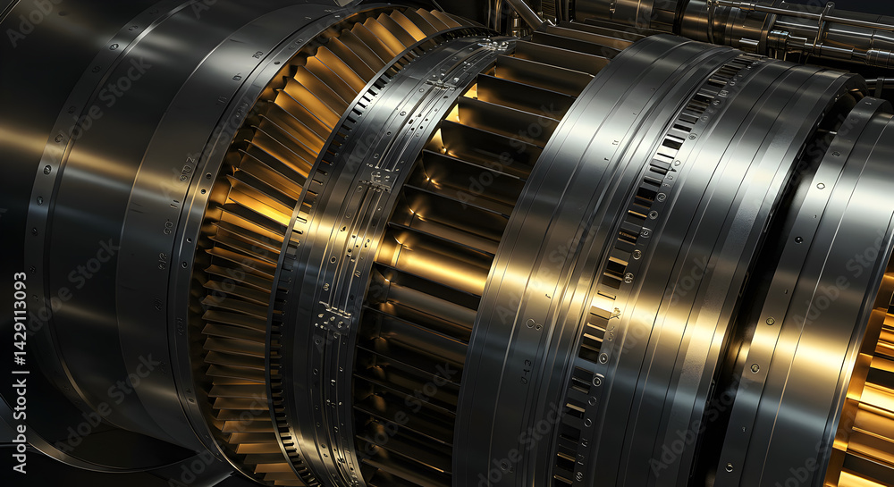 Poster close up of intricate machine gears and metallic components with cylindrical shapes in warm lighting