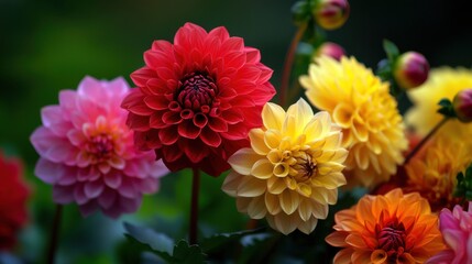 A bouquet of colorful flowers with a mix of red, yellow, and pink