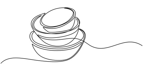 Continuous Line Drawing Of Stack Of Bowls. One Line Of Bowls. Kitchenware concept Continuous Line Art. Editable Outline, Stack of bowls in single line draw illustration. Continuous one line drawing.