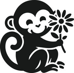Black vector silhouette of monkey with flower