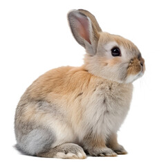 Obraz premium Adorable rabbit, soft fur, large ears, white and tan coloration, side profile, curious expression, fluffy bunny, studio lighting, white background