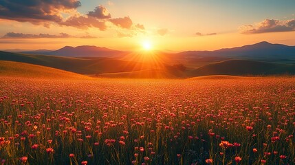 Serene sunset landscape- Warm sunlight on rolling hills and distant mountains.