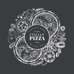 Hand Drawn Vector Pizza Illustration. Retro Cheese Pizza Chalk Board Design Template. Old School Italian Food
