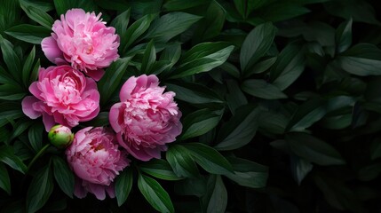 Obraz premium A group of pink flowers are surrounded by green leaves