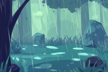 Atmospheric illustration of a tranquil forest path during a heavy downpour. Moody and serene woodland landscape with rain and puddles. Vector art concept