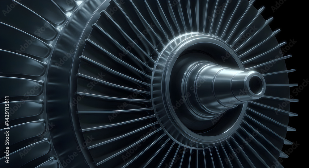 Poster close up of a metallic turbine engine part showing intricate blades against black background