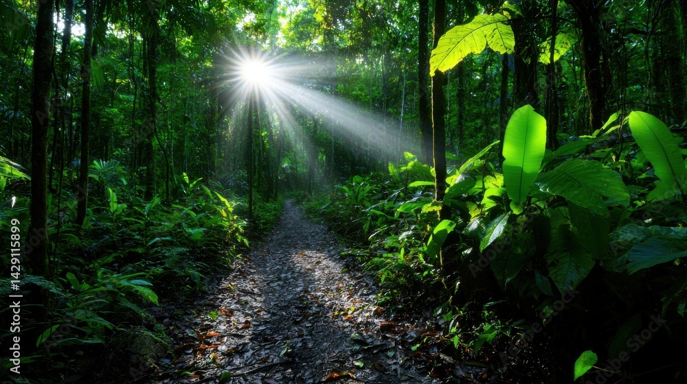 Aufkleber a path through a forest with sunlight shining through the trees