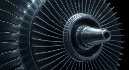 Close Up of a Metallic Turbine Engine Part Showing Intricate Blades Against Black Background