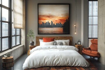 Bedroom with bed painting window chair and bedside tables in a modern apartment.