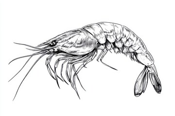 Detailed monochrome drawing showcasing a shrimp on a plain white backdrop