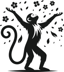 Black vector silhouette of monkey with flower