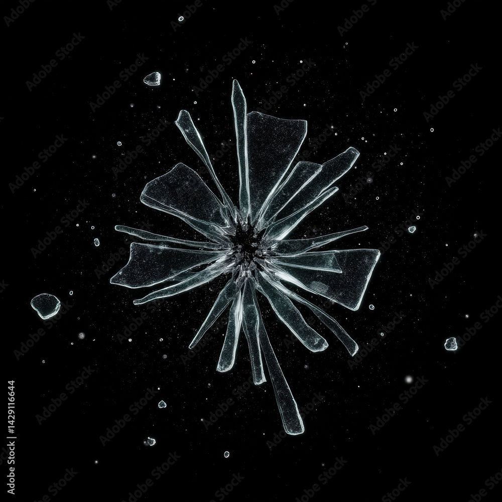 Poster shattered glass fragment with sharp edges, creating intricate pattern against black background, evok
