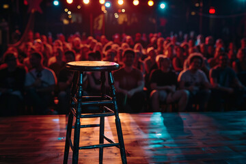 Vintage microphone on stage in a dimly lit comedy club, ready for a stand-up performance in an atmospheric setting – generative AI