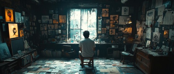 Person sits at desk in room filled with pictures looking out window.