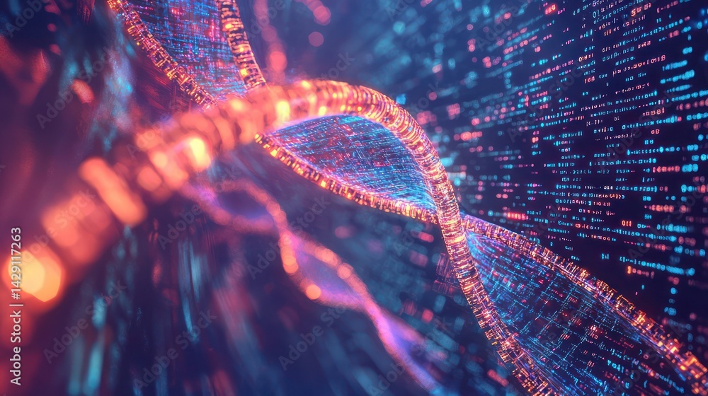 Poster a surreal depiction of dna strands forming pixelated data streams.