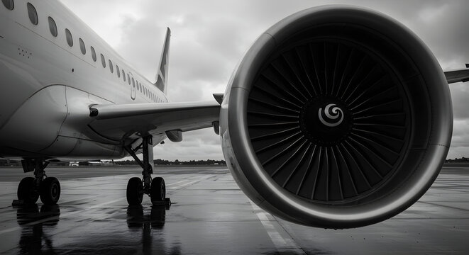 Airplane Engine Close Up on Wet Runway at Airport in Gray Scale under Cloudy Sky