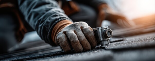 Close-up view of hands skillfully working on a sloped roof, tools in focus - hard labor contractor residential hands-on