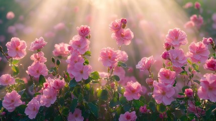 Fototapeta premium Radiant Pink Rose Garden in Sunrise