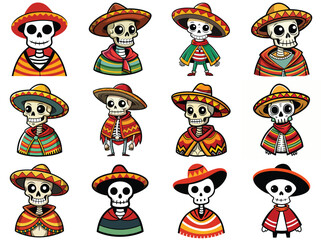 Obraz premium Skeleton with Sombrero and Poncho vector illustration isolated on white background.