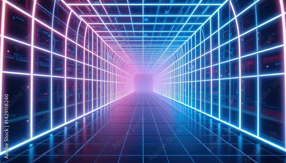 Poster exploring neon tunnel animation virtual reality environment digital art futuristic perspective high-