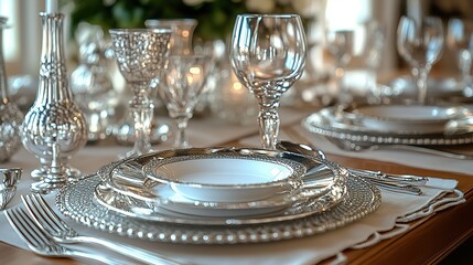 Silver cutlery is carefully arranged on a table setting